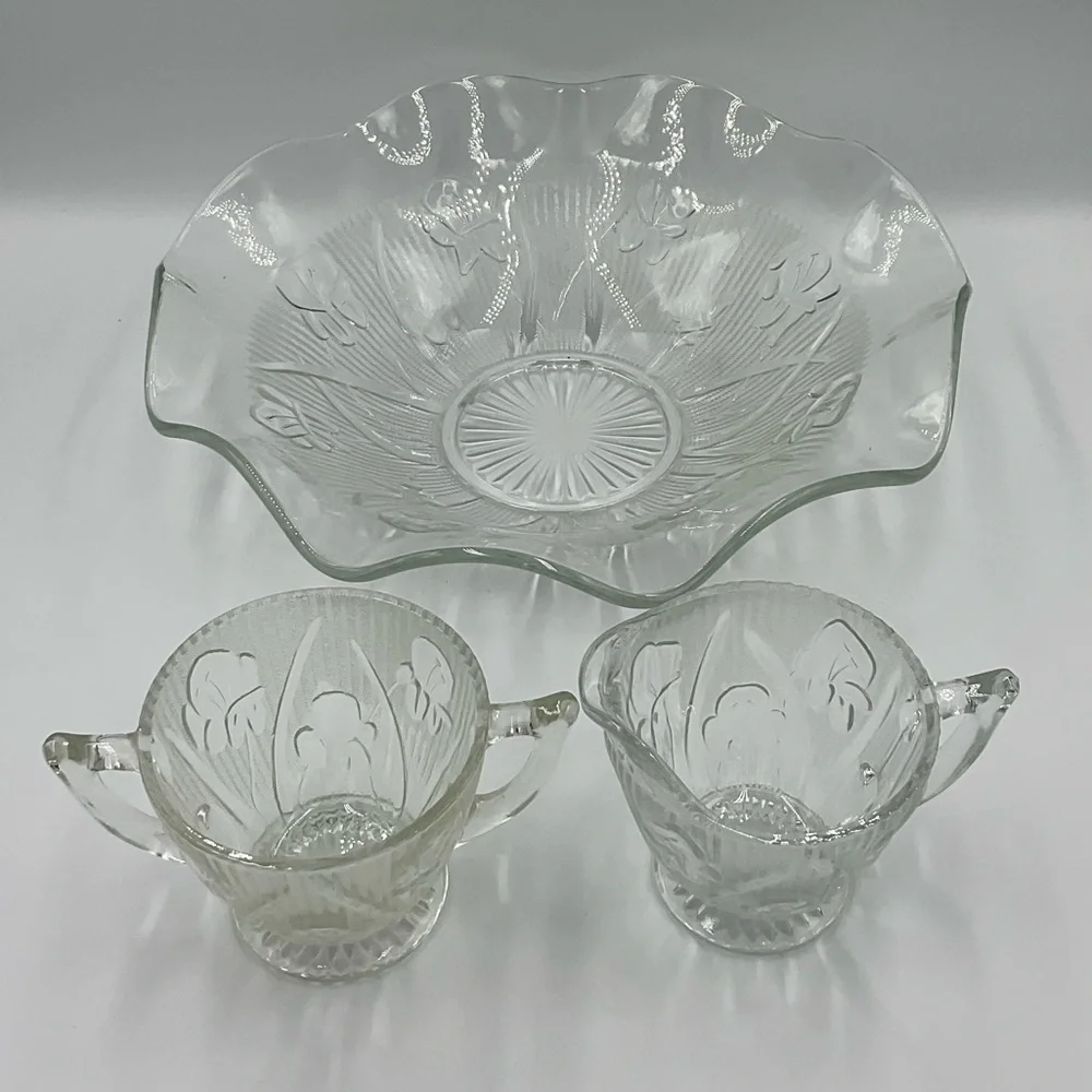 Vintage Jeannette Iris and Herringbone Serving Bowl, Creamer & Open Sugar Set